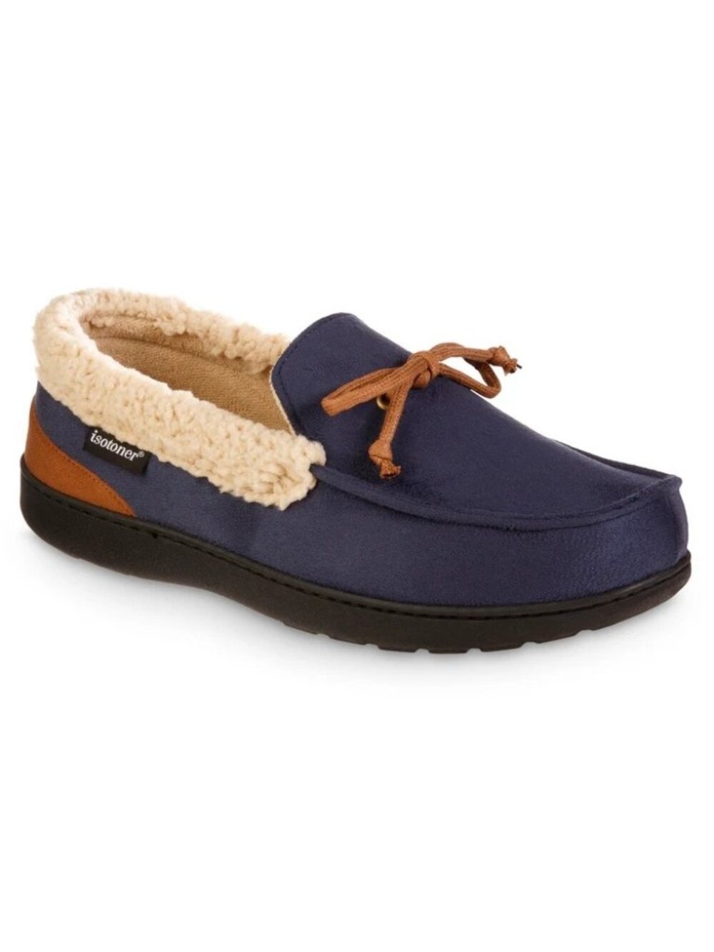 Isotoner Men's LG (9.5-10.5) Vincent Moccassin Slippers Navy Blue Sherpa Lining
